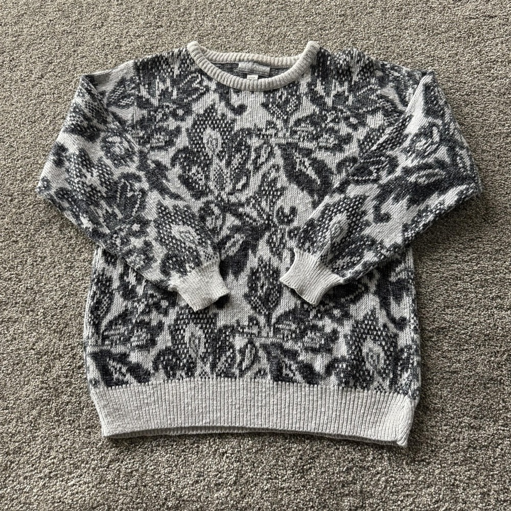 Vintage Stefano Sweater Womens Medium Gray Floral Crew Neck Knit Pullover USA